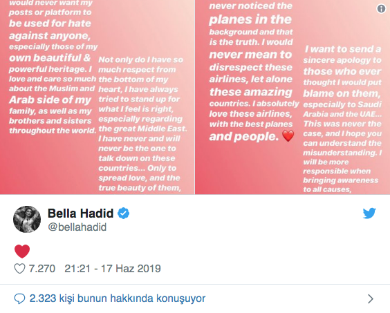 Bella Hadid tt oldu! Sosyal medya hesabından özür diledi