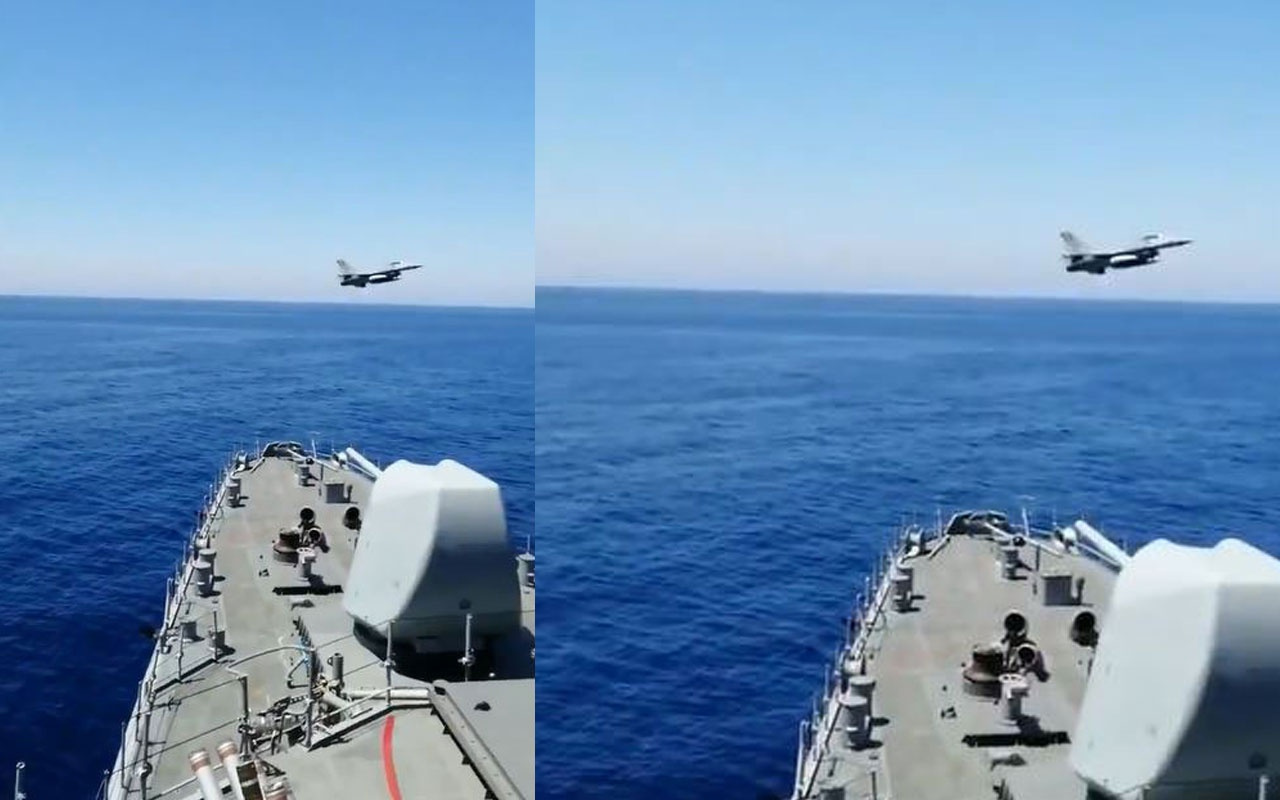 F-16 savaş uçağı Doğu Akdeniz'deki Fatih Sondaj Gemimisi selamladı