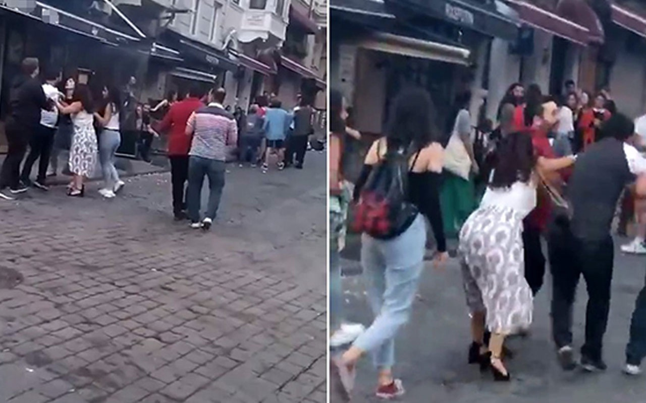 Taksim'de kadınlı ve erkekli kavga kamerada