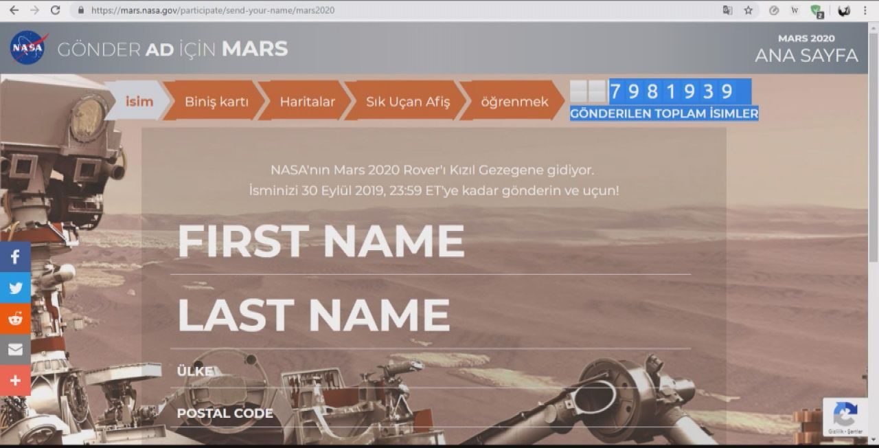 Türkiye 'İsmini Mars'a Gönder' kampanyasında birinci!