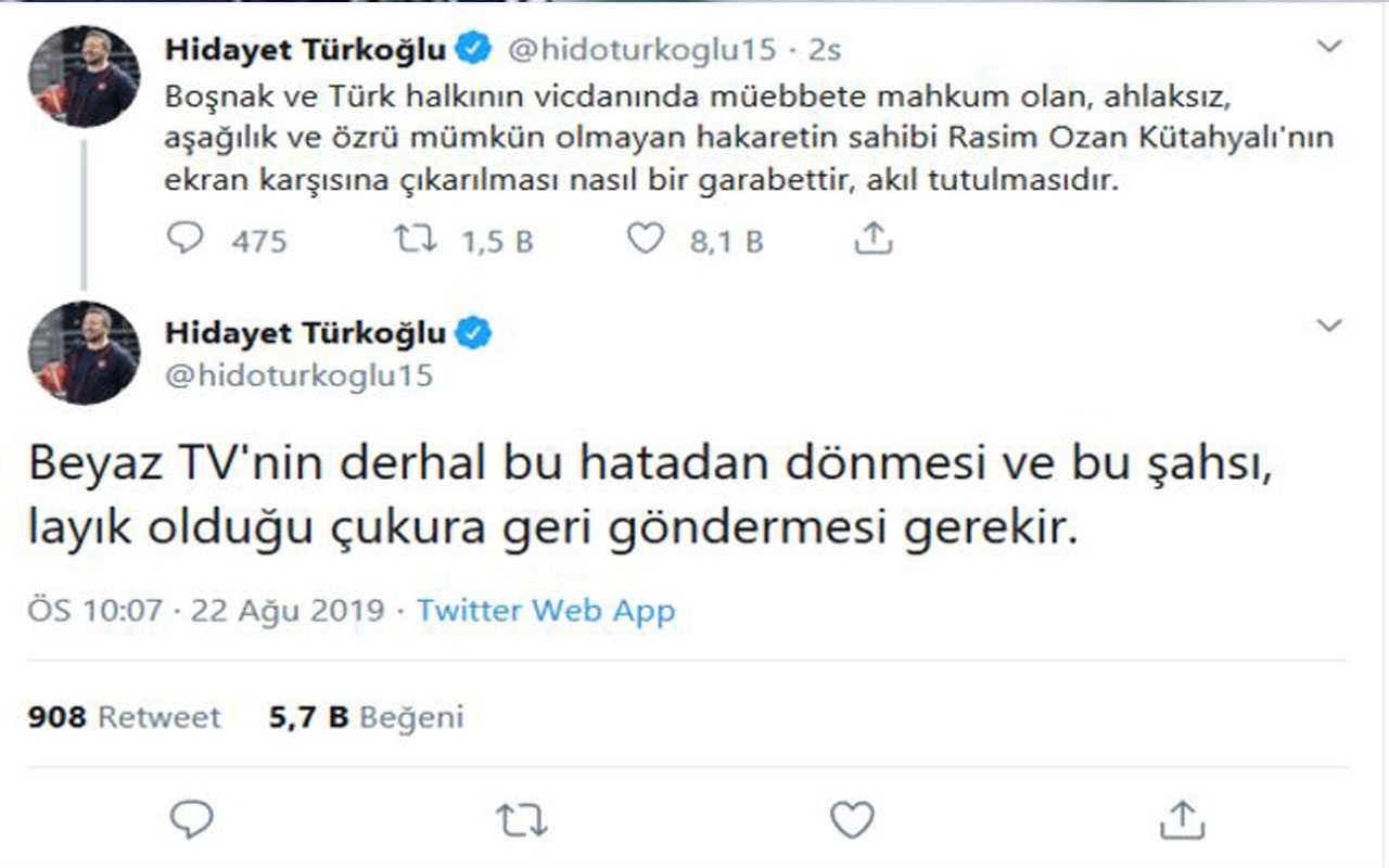 Hidayet Türkoğlu'ndan Beyaz TV'ye Rasim Ozan Kütahyalı tepkisi!