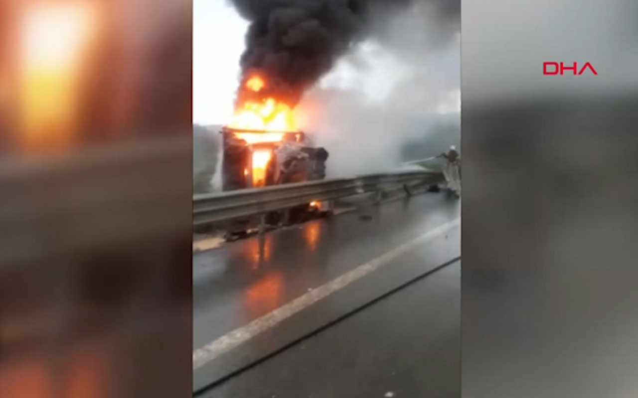 Dehşet veren kaza: Bariyerlere çarpan araç alev topuna döndü