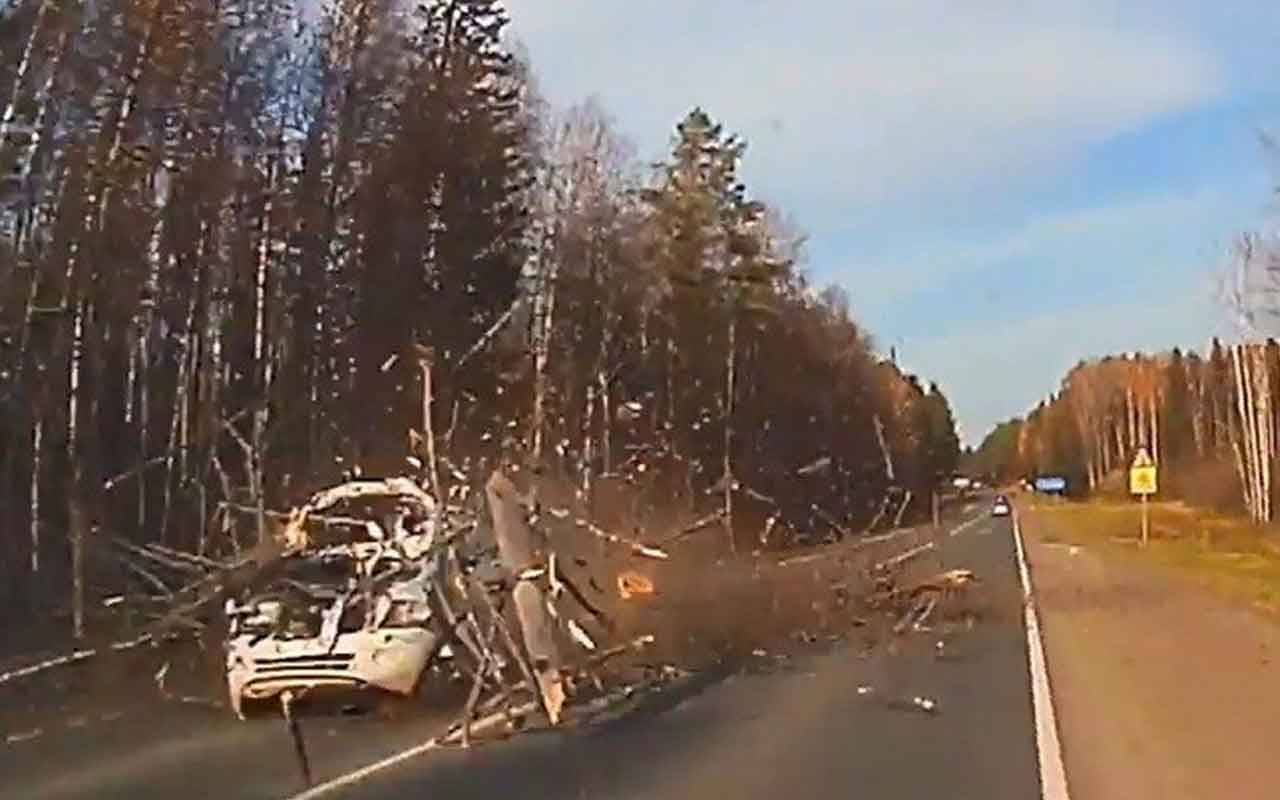 Rusya'da devrilen ağaç otomobili böyle parçaladı