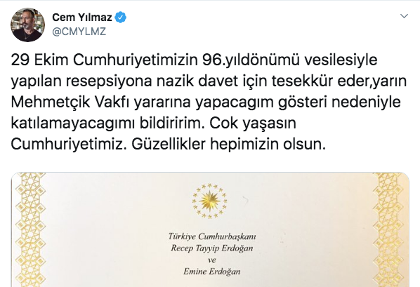 Cem Yılmaz Cumhurbaşkanı Erdoğan'ın 29 Ekim davetini reddetti gerekçesine bakın