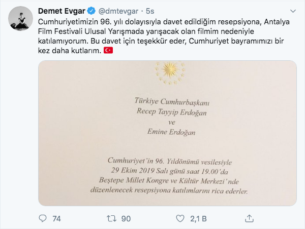 Avlu'nun başrolü Demet Evgar da Erdoğan'ın 29 Ekim davetini reddetti