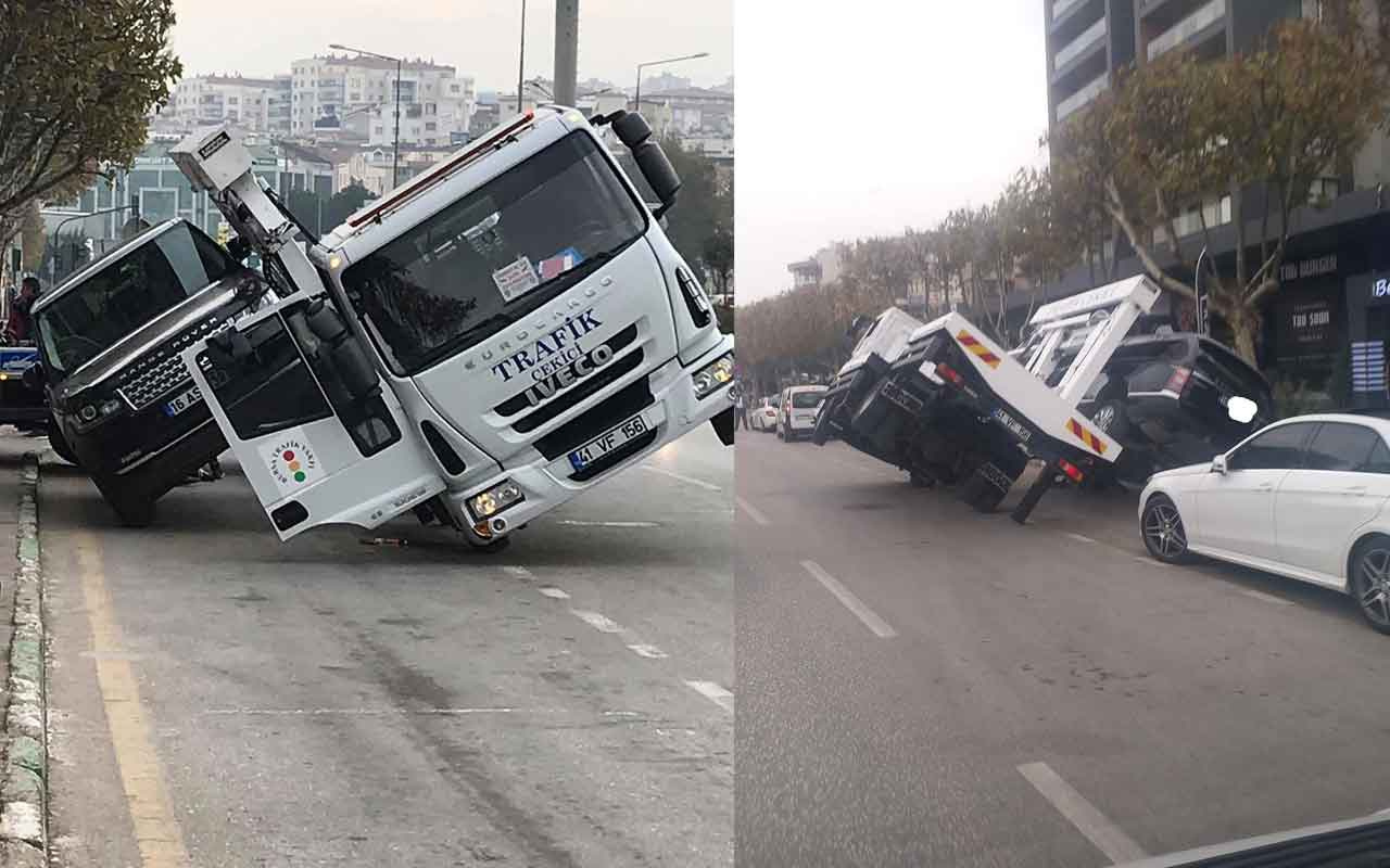 Bursa'da çekici lüks aracı kaldırmaya çalışırken yan yattı