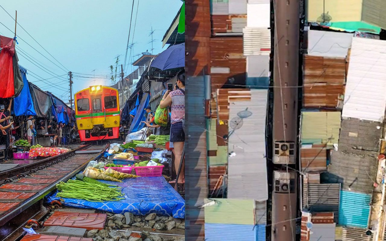 Dünyanın en tehlikeli pazarı Maeklong! İçinden tren bakın nasıl geçiyor