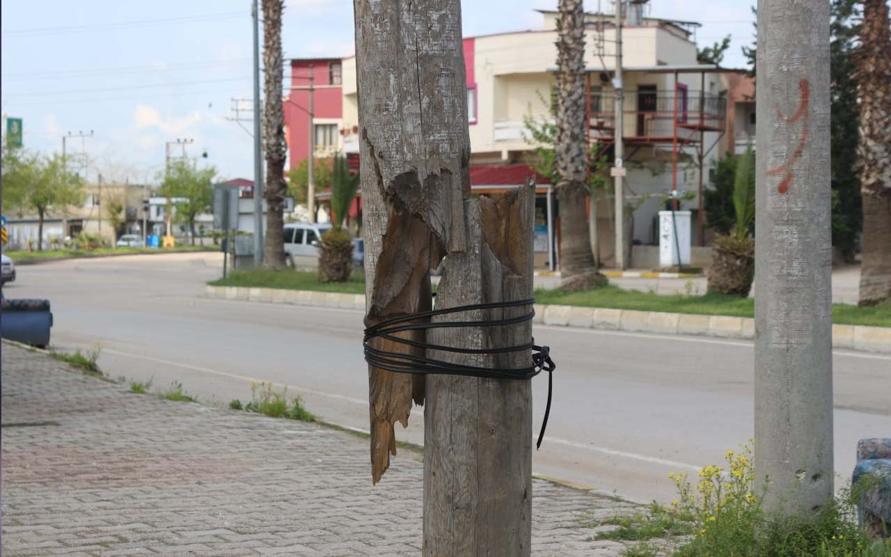 Adana'da şaşırtan görüntüler kopan telefon direğini kabloyla sabitlediler