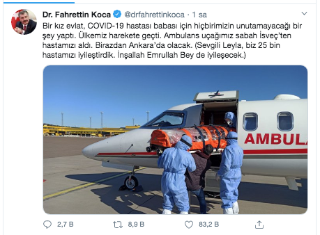 İsveç'in tedavi etmediği koronavirüslü Türk vatandaşı artık hekimlerimize emanet