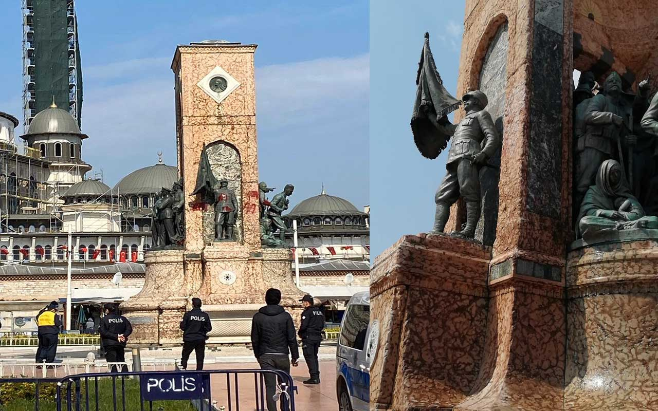 Taksim Cumhuriyet Anıtına sprey boya ile yazı yazan şüpheli yakalandı