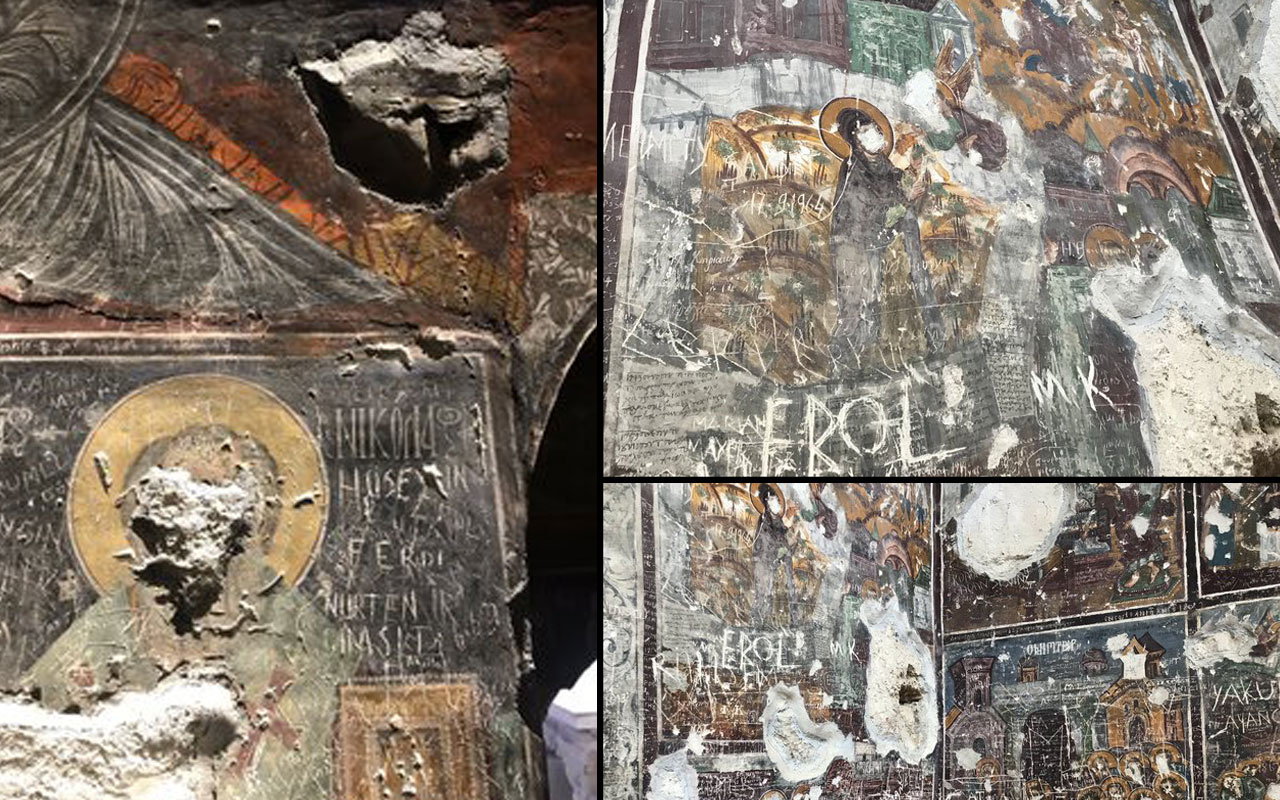 Tarihi rezalet! Trabzon'daki Sümela Manastırı’nda fresklerin suratları parçalandı