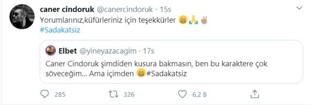 Caner Cindoruk Kanal D Sadakatsiz dizisi için gelen küfürlere teşekkür etti