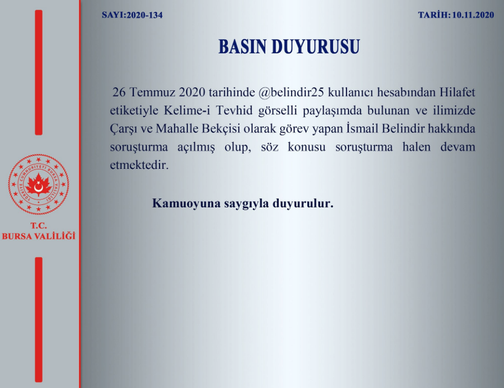 Bursa Valiligi Nden Hilafet Mesaji Paylasan Bekci Aciklamasi Sorusturma Acildi Internet Haber