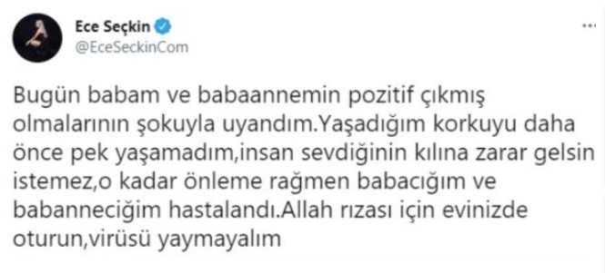 Ece Seçkin'in ailesi Covid 19'a yakalandı Twitter hesabından tek isteğini böyle duyurdu