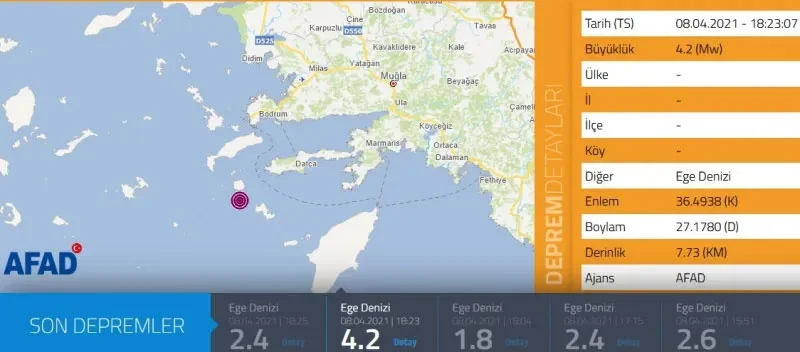 Ege Denizi'nde korkutan deprem! Muğla sallandı Ege Denizi'nde korkutan deprem! Muğla sallandı