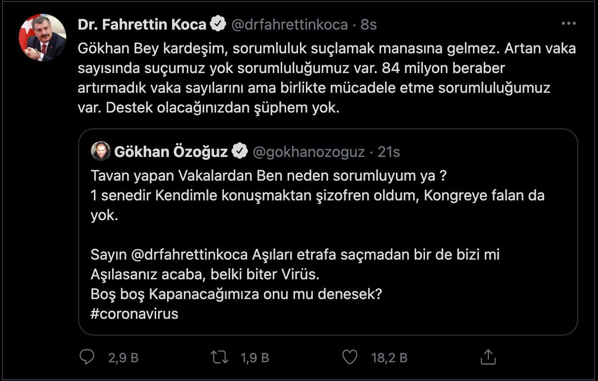 Athena Gökhan ile Sağlık Bakanı Fahrettin Koca'nın Covid-19 yazışması twitteri salladı