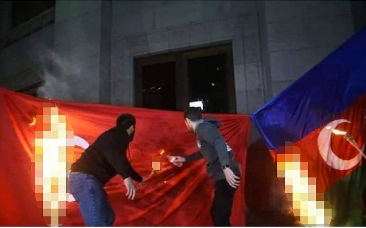 Ermenistan'da Türk ve Azerbaycan bayraklarına alçak saldırı
