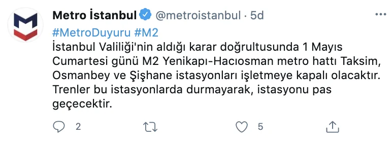İstanbul Valiliği'den 1 Mayıs kararı! Yarın 3 metro istasyonu kapalı olacak İstanbul Valiliği'den 1 Mayıs kararı! Yarın 3 metro istasyonu kapalı olacak