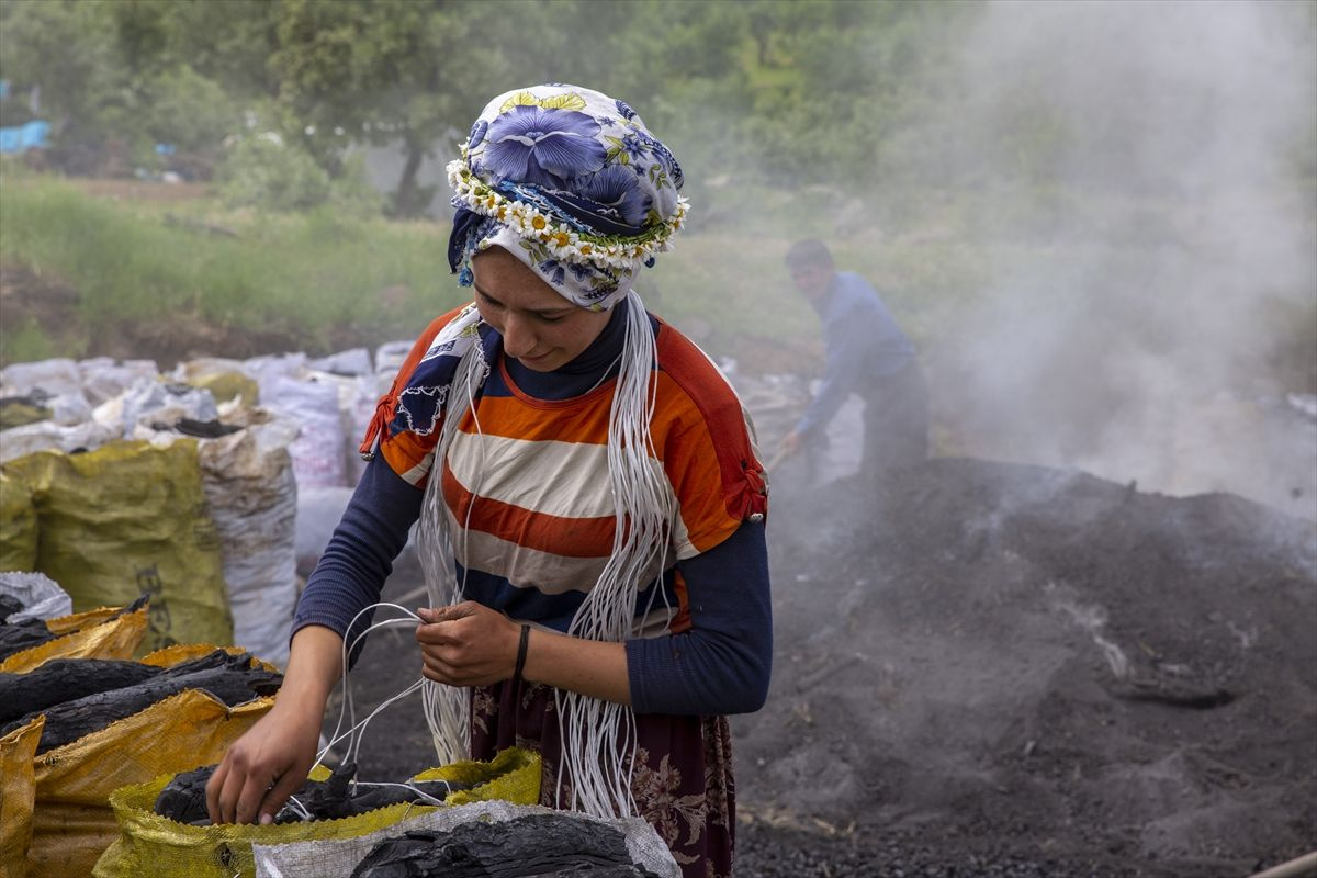 Diyarbakır'da ateş karşısında alın teri döken işçiler meşe odununu mangal kömürüne dönüştürüyor