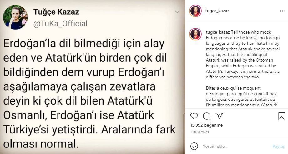 Tuğçe Kazaz Erdoğan üzerinden Atatürk’ü vurmaya çalıştı!
