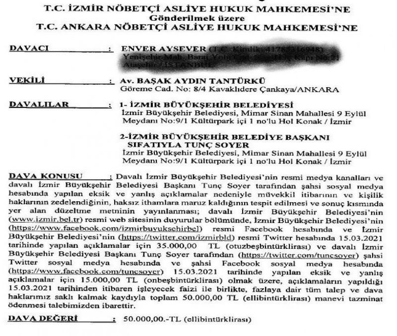 Enver Aysever’den İzmir Büyükşehir Belediyesine 50 bin lira tazminat davası