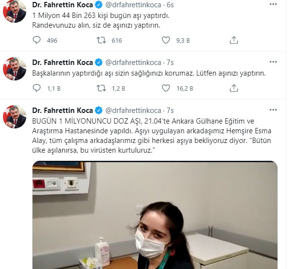 Sağlık Bakanı Fahrettin Koca: 1 milyon 44 bin 263 kişi bugün aşı yaptırdı