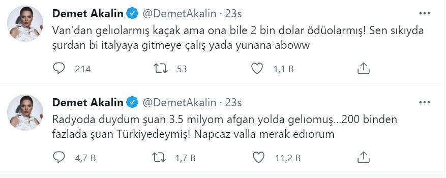 Demet Akalın'dan 'Afgan mülteci' tepkisi... Twitter'dan isyan etti!