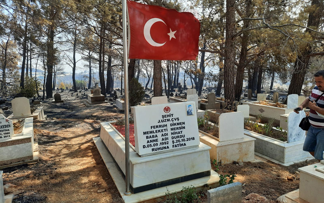 Mersin'deki yangında mezarlık yandı! Şehit mezarı ve Türk bayrağı yanmadı