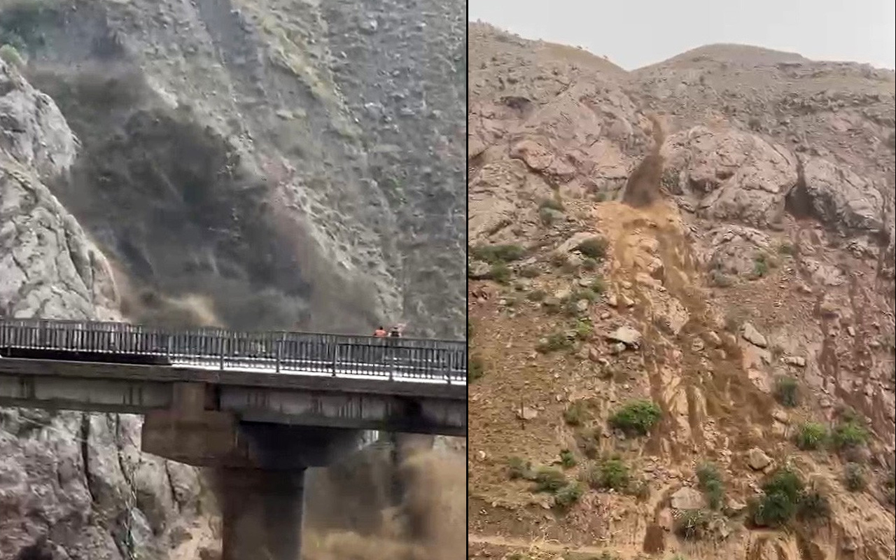 Hakkari Van yolunda büyük korku! Toprak kayması böyle görüntülendi