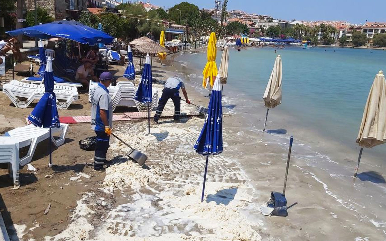 Datça sahilinde tedirgin eden görüntü beyaz madde kapladı tatilciler denize girmekten vazgeçti