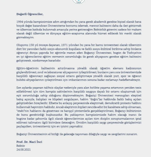 Boğaziçi Rektörü Prof. Dr. Naci İnci'den disiplin soruşturmaları için talimat