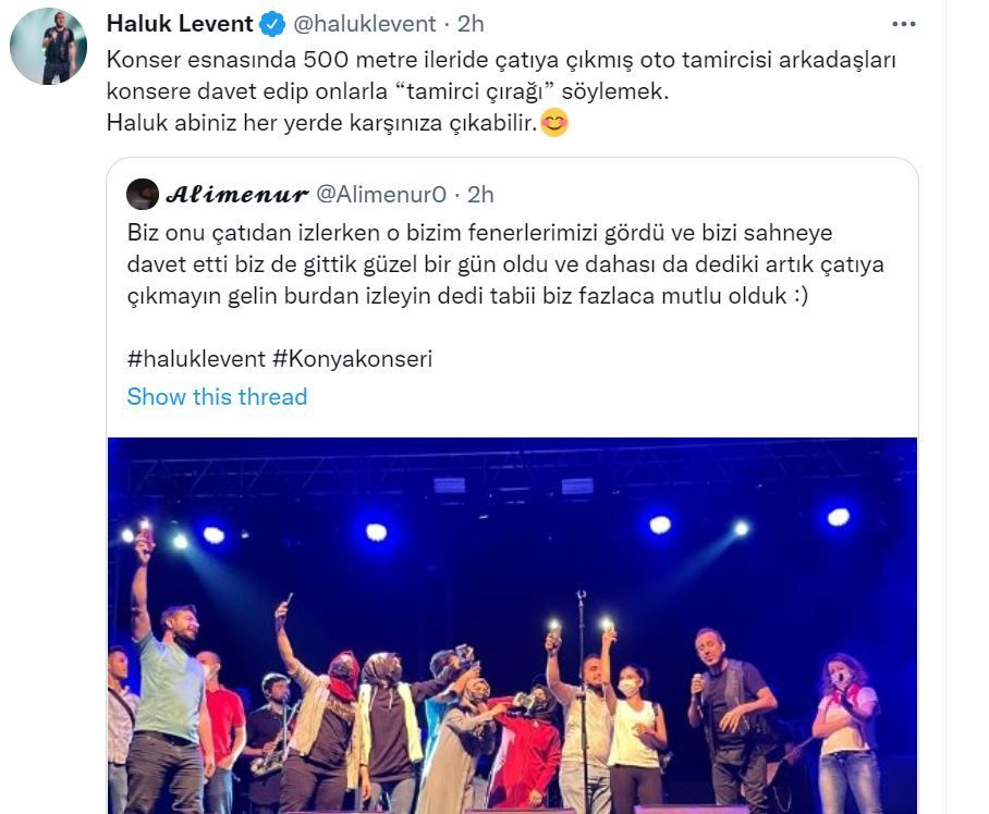 Haluk Levent konserini çatıdan izleyen tamircileri sahneye çıkardı