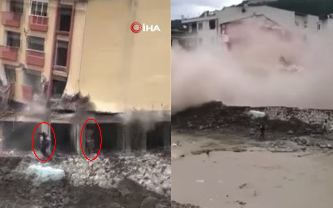 Kastamonu'da sel bölgesinde hasarlı bina bir anda çöktü! 3 kişi son anda kurtuldu