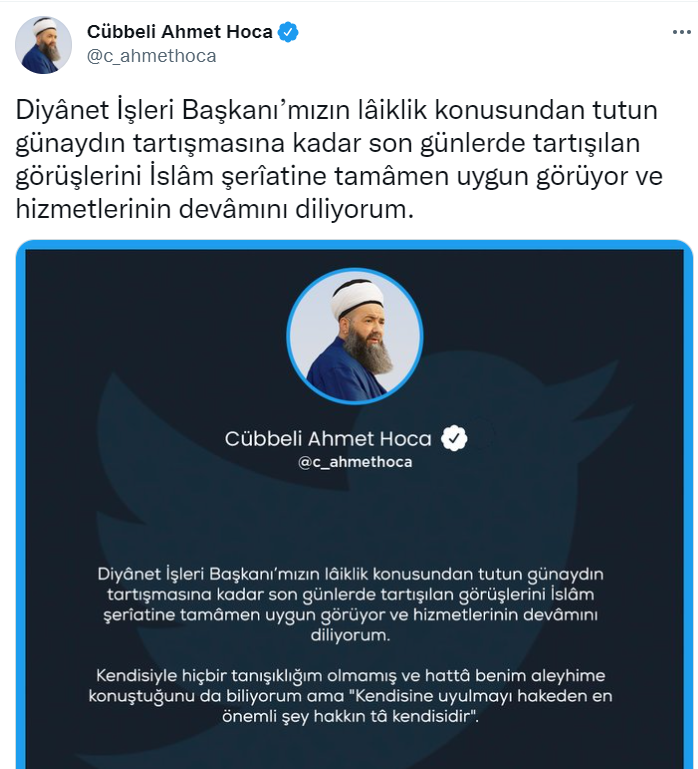 Cübbeli Ahmet Hoca'dan Diyanet İşleri Başkanı Ali Erbaş için 'şeriata uygun' fetvası