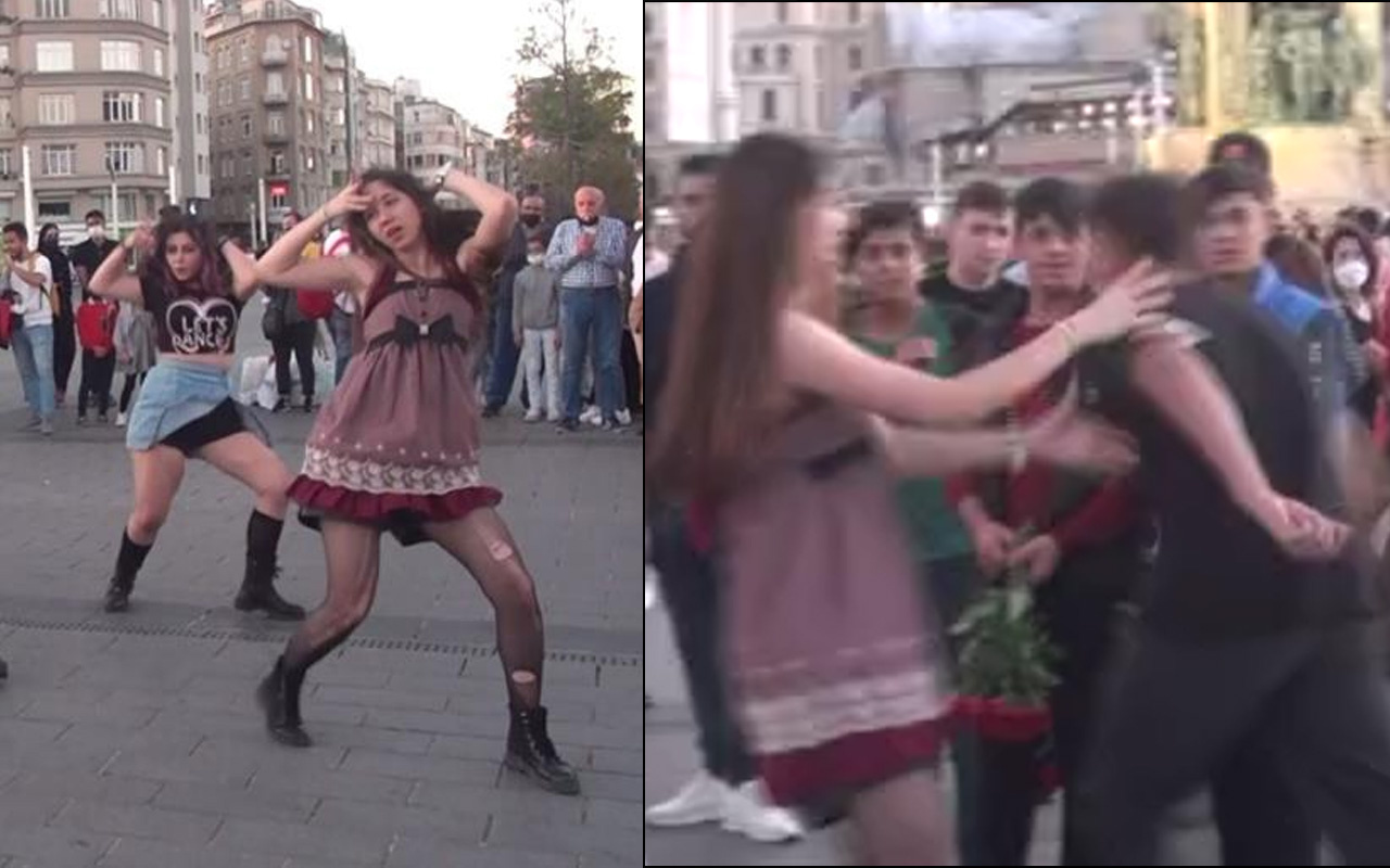 İstanbul Taksim'de gören telefona sarıldı! Kızların dansının sonu olaylı bitti