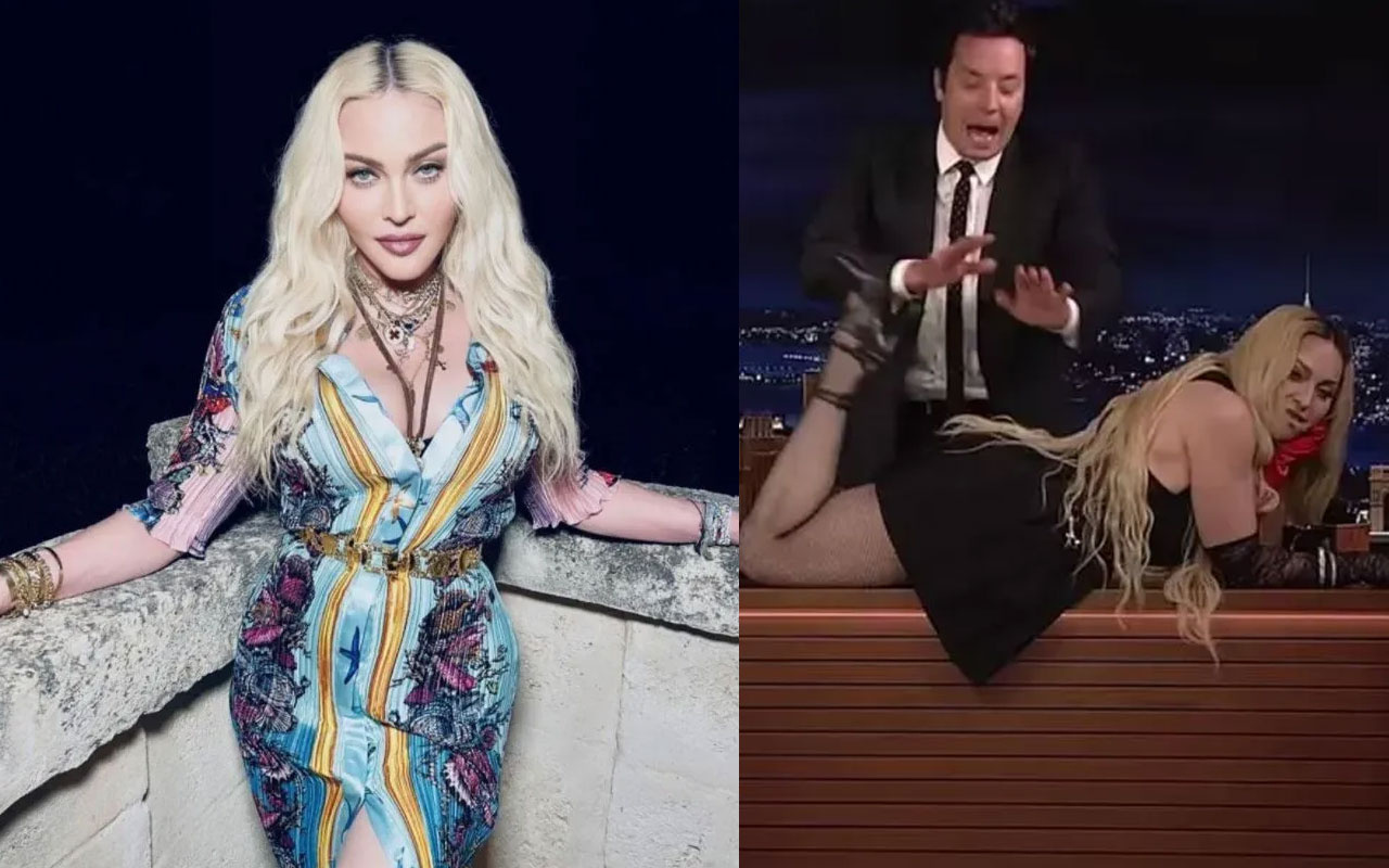 Madonna'dan şok hareket! Sırf kalçasını göstermek için masaya atladı!