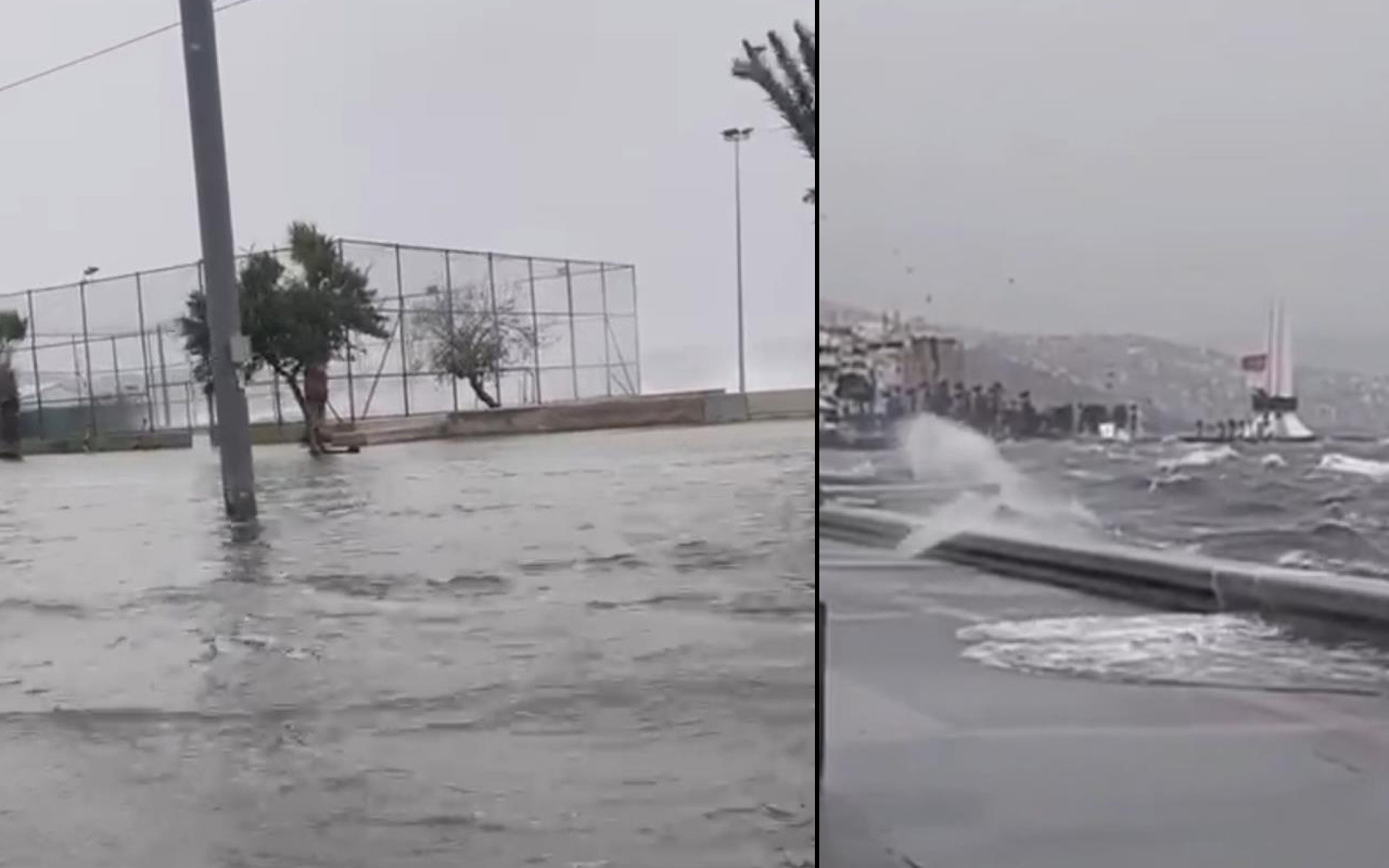 İzmir'de sarı fırtına! Deniz taştı tramvay seferleri iptal edildi: Sokaklar göle döndü