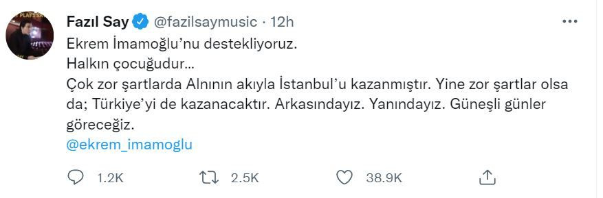 Fazıl Say'dan Ekrem İmamoğlu'na destek tweeti: İstanbul'u kazandı, Türkiye'yi de kazanır