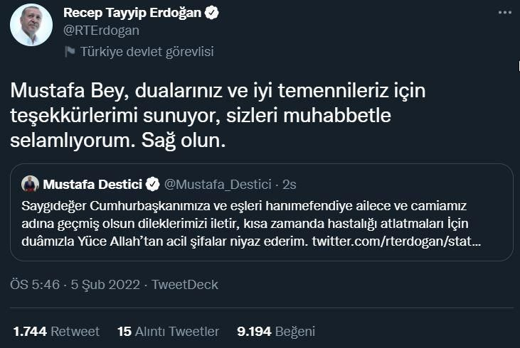Cumhurbaşkanı Erdoğan tüm geçmiş olsun dileklerine teşekkür etti