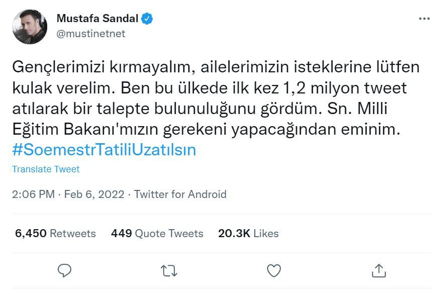 'Sömestr tatili uzatılsın' Twitter'da TT oldu Mustafa Sandal'ın twitine Gülben Ergen'den destek