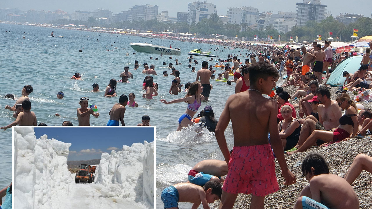 Antalya'da sıcaklık 30 dereceyi gördü sahiller tıklık tıklım! Hemen yanıbaşında 5 metre kar var