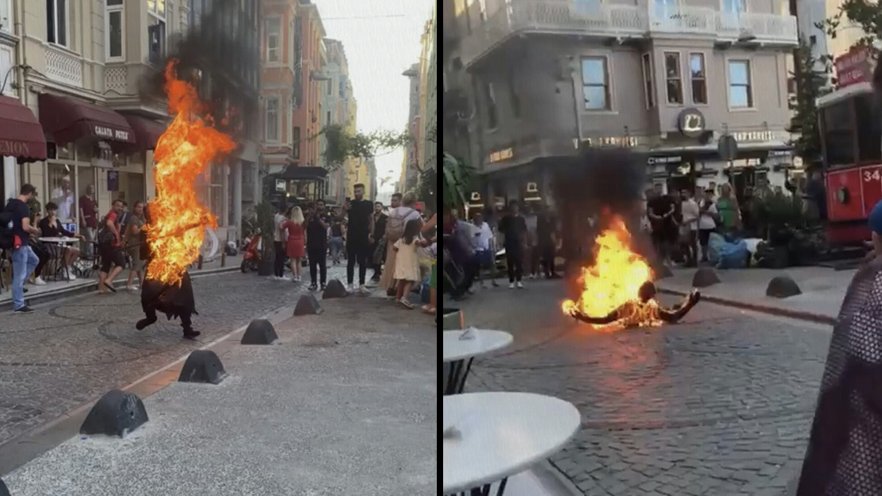 Ne oldu bize böyle! İstanbul Galata'da herkesin önünde kendini yaktı bir çift selfie çekti