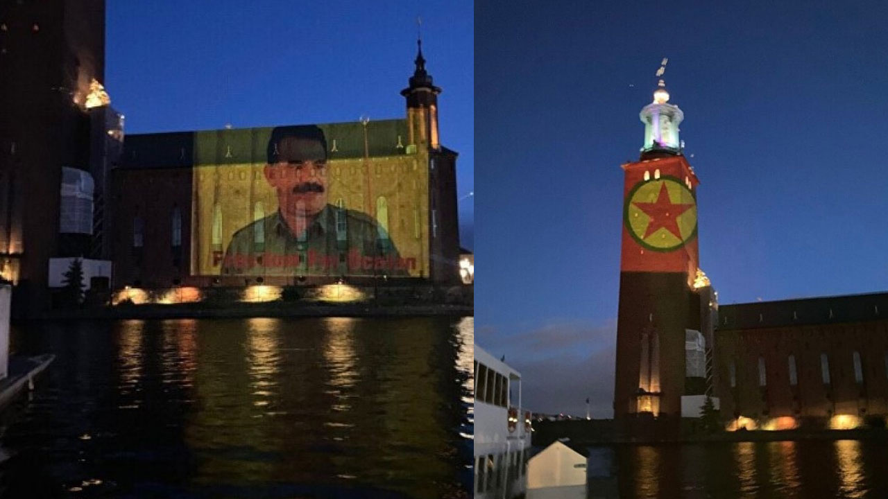 İsveç'te PKK ve Öcalan'ın fotoğrafları sembol binalara yansıtıldı