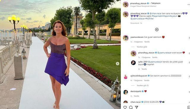 Pınar Altuğ mor mini elbisesiyle poz verdi! Eşi Yağmur Atacan'ın yorumu olay oldu!