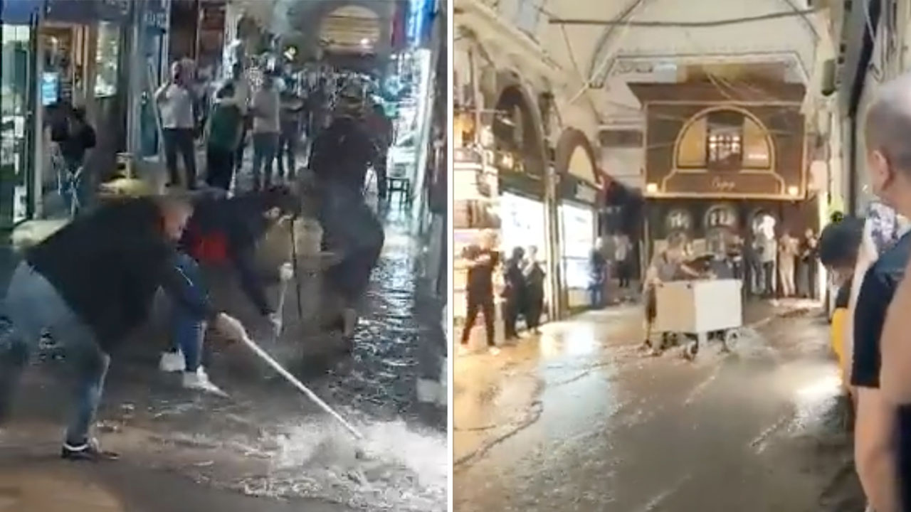 İstanbul'a yağan yağmur sonrası Kapalıçarşı'yı sel bastı! Esnaf elinde kürek savaştı...