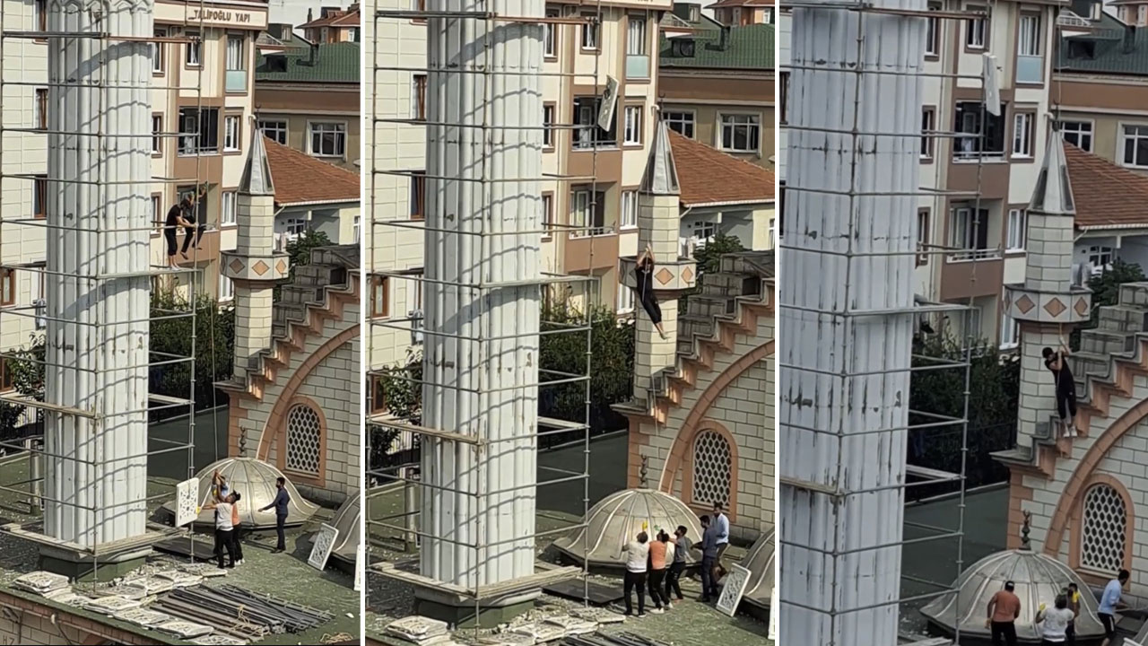 İstanbul'da inanılmaz minare yapımı! Makaraya ip takıp aşağıya atladı taşları yukarı çıkardı