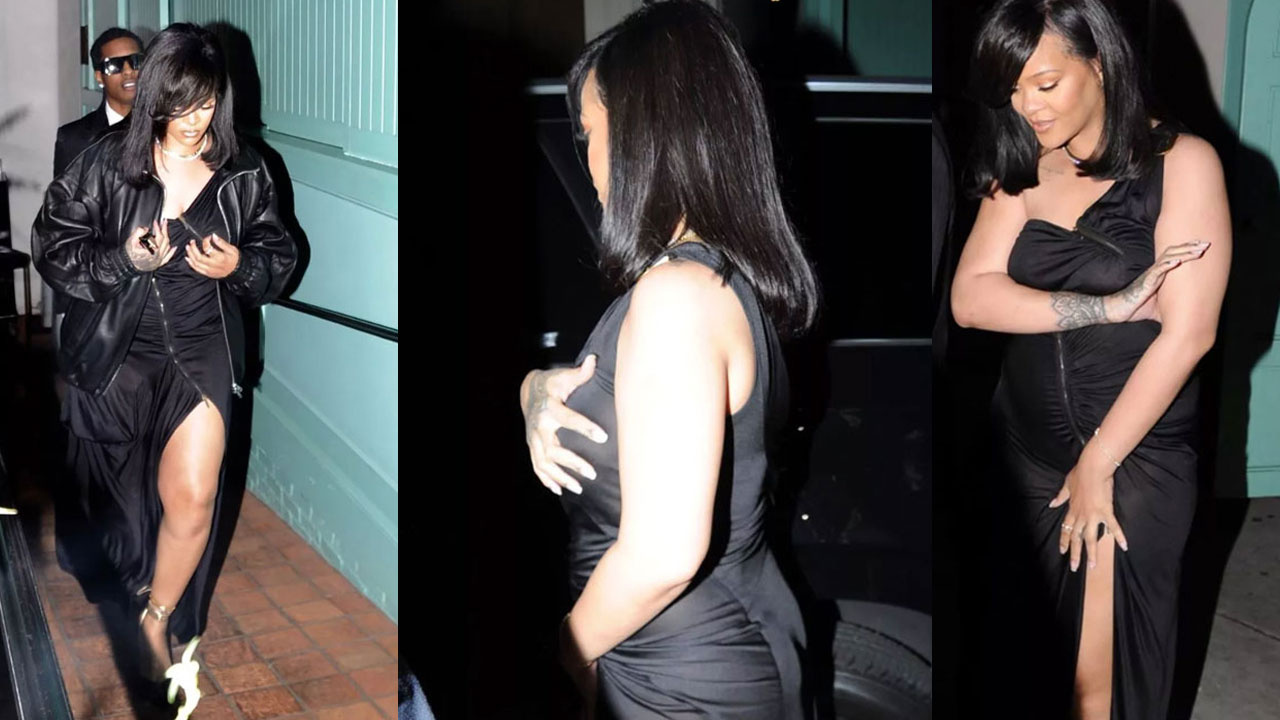 Rihanna'nın ince siyah elbisesi başına bela oldu! Kameraları görünce frikik vermemeye çalıştı ama...