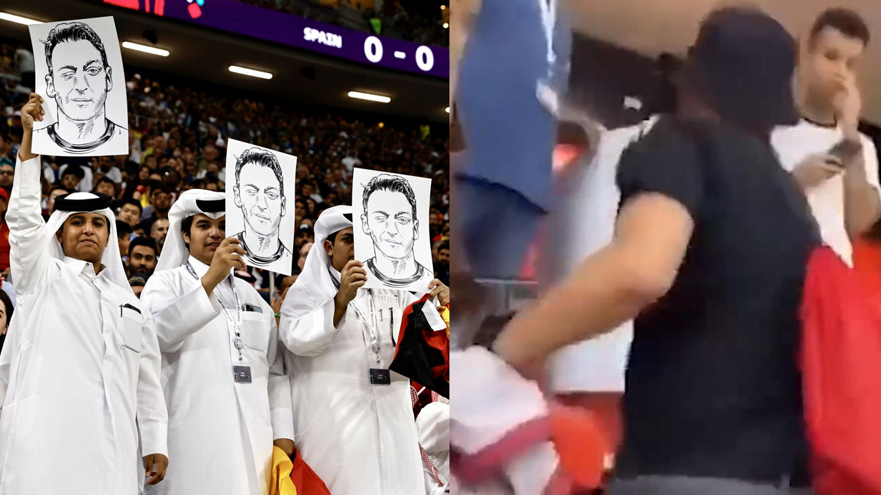 Katar'da Mesut Özil posteri Almanları kudurttu! Tribünü birbirine kattılar