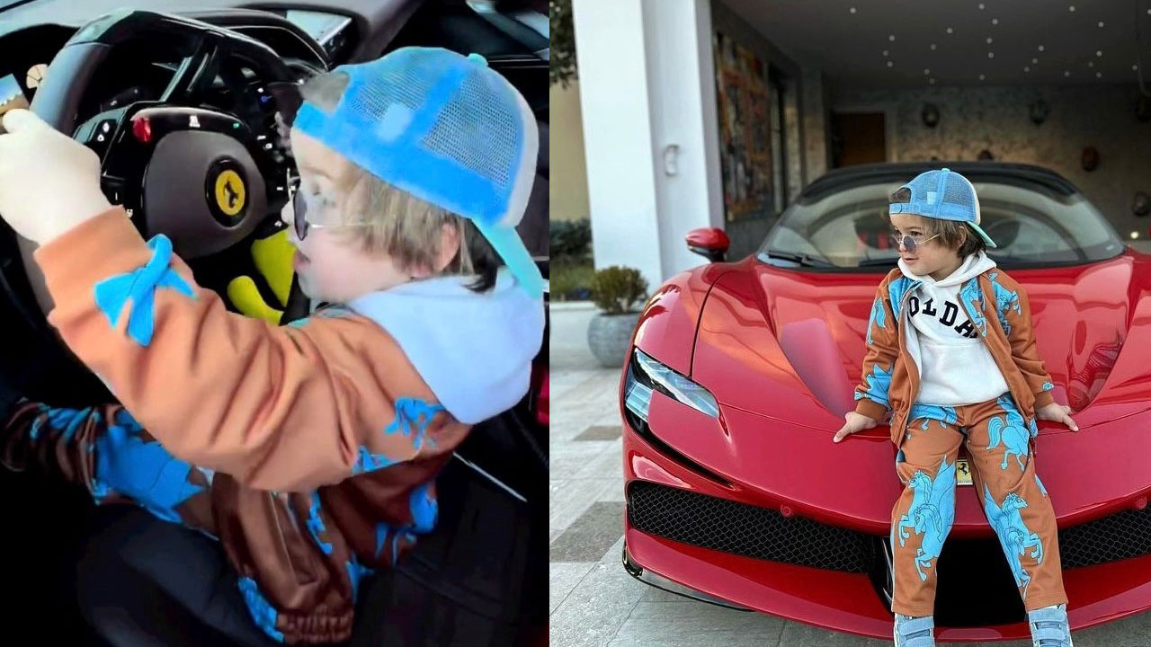 Görüntüler olay oldu! Kenan Sofuoğlu’nun 3 yaşındaki oğlu Ferrari kullandı