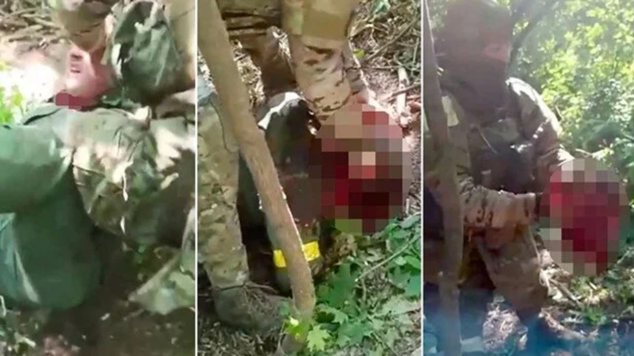 Kan donduran görüntü! Rus askerler Ukraynalı esirin kafasını kesti deniyor